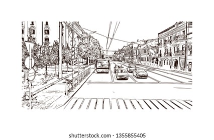 Building view with landmark of Kazan is a city in southwest Russia. Hand drawn sketch illustration in vector.
