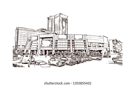 Building view with landmark of Kazan is a city in southwest Russia. Hand drawn sketch illustration in vector.