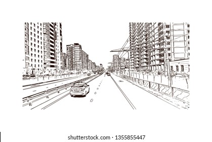 Building view with landmark of Kazan is a city in southwest Russia. Hand drawn sketch illustration in vector.