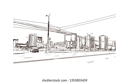Building view with landmark of Kazan is a city in southwest Russia. Hand drawn sketch illustration in vector.
