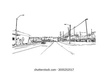 Building view with landmark of Kearney is the county seat in United States. Hand drawn sketch illustration in vector.