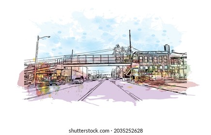 Building view with landmark of Kearney is the county seat in United States. Watercolor splash with hand drawn sketch illustration in vector.