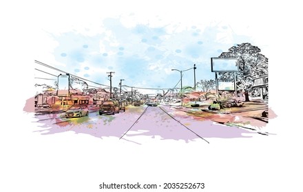 Building view with landmark of Kearney is the county seat in United States. Watercolor splash with hand drawn sketch illustration in vector.