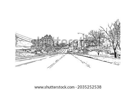 Building view with landmark of Kearney is the county seat in United States. Hand drawn sketch illustration in vector.