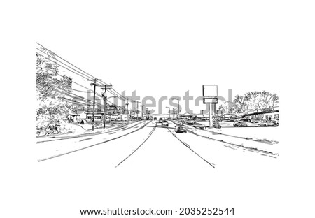 Building view with landmark of Kearney is the county seat in United States. Hand drawn sketch illustration in vector.