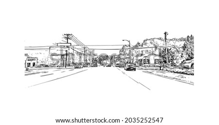 Building view with landmark of Kearney is the county seat in United States. Hand drawn sketch illustration in vector.