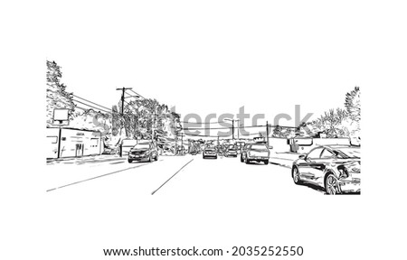 Building view with landmark of Kearney is the county seat in United States. Hand drawn sketch illustration in vector.