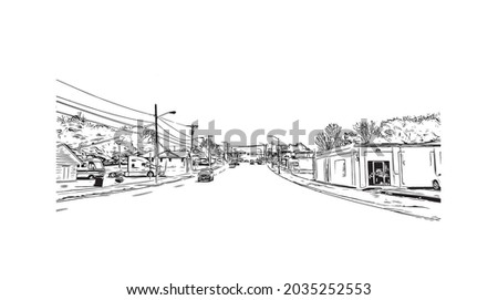 Building view with landmark of Kearney is the county seat in United States. Hand drawn sketch illustration in vector.