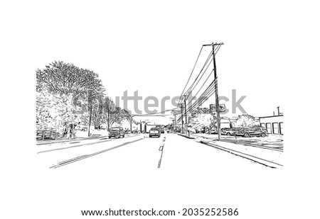 Building view with landmark of Kearney is the county seat in United States. Hand drawn sketch illustration in vector.
