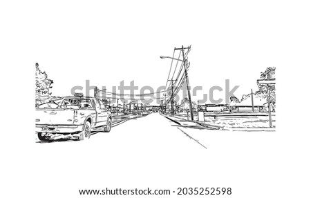 Building view with landmark of Kearney is the county seat in United States. Hand drawn sketch illustration in vector.