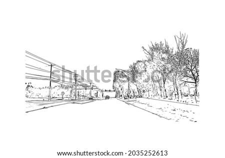 Building view with landmark of Kearney is the county seat in United States. Hand drawn sketch illustration in vector.