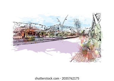 Building view with landmark of Kemer is a seaside resort in Turkey. Watercolor splash with hand drawn sketch illustration in vector.