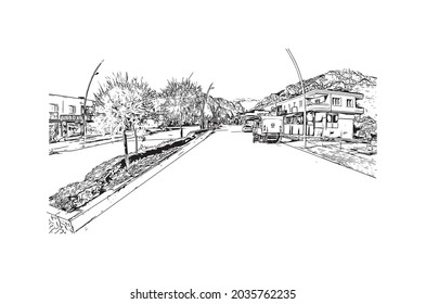 Building view with landmark of Kemer is a seaside resort in Turkey. Hand drawn sketch illustration in vector.