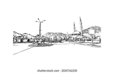 Building view with landmark of Kemer is a seaside resort in Turkey. Hand drawn sketch illustration in vector.