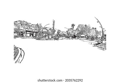 El edificio con vistas a Kemer es una ciudad costera de Turquía. Dibujo a mano de ilustración de esbozo en vector.