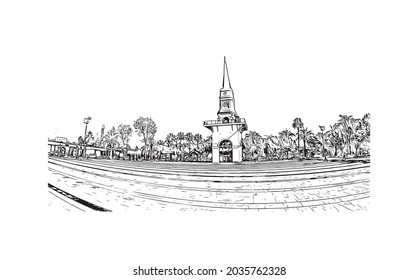 Building view with landmark of Kemer is a seaside resort in Turkey. Hand drawn sketch illustration in vector.