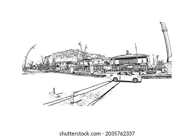 Building view with landmark of Kemer is a seaside resort in Turkey. Hand drawn sketch illustration in vector.