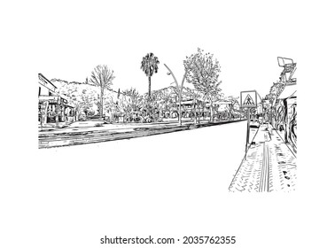 Building view with landmark of Kemer is a seaside resort in Turkey. Hand drawn sketch illustration in vector.