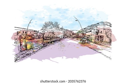 Building view with landmark of Kemer is a seaside resort in Turkey. Watercolor splash with hand drawn sketch illustration in vector.