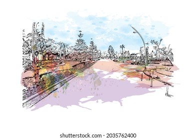 Building view with landmark of Kemer is a seaside resort in Turkey. Watercolor splash with hand drawn sketch illustration in vector.