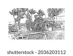 Building view with landmark of Key Largo is the 
Census place in Florida. Hand drawn sketch illustration in vector.