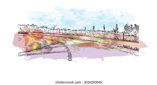 Building view with landmark of Key Largo is the 
Census place in Florida. Watercolor splash with hand drawn sketch illustration in vector.