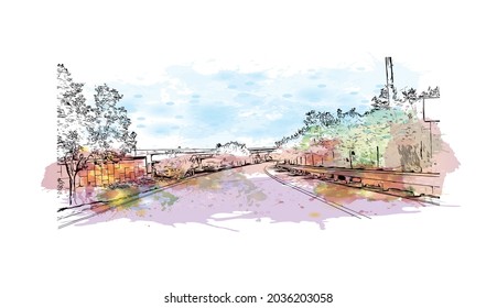La vista de construcción con el punto de referencia de Key Largo es la 
Censo en Florida. Salto de color de agua con ilustración de esbozo dibujada a mano en vector.