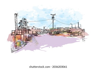 Building view with landmark of Key Largo is the 
Census place in Florida. Watercolor splash with hand drawn sketch illustration in vector.