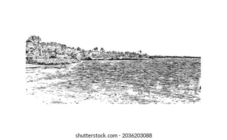 Building view with landmark of Key Largo is the 
Census place in Florida. Hand drawn sketch illustration in vector.