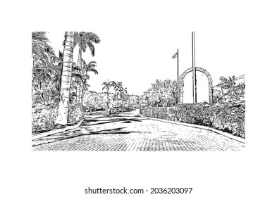Building view with landmark of Key Largo is the 
Census place in Florida. Hand drawn sketch illustration in vector.