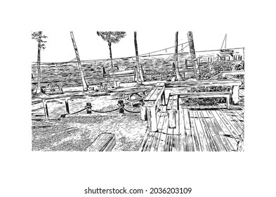 Building view with landmark of Key Largo is the 
Census place in Florida. Hand drawn sketch illustration in vector.