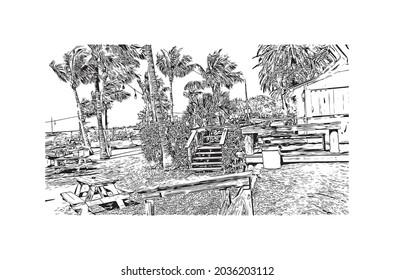 Building view with landmark of Key Largo is the 
Census place in Florida. Hand drawn sketch illustration in vector.