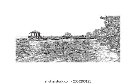 Building view with landmark of Key Largo is the 
Census place in Florida. Hand drawn sketch illustration in vector.