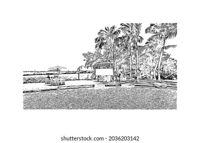 Building view with landmark of Key Largo is the 
Census place in Florida. Hand drawn sketch illustration in vector.