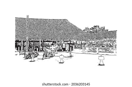 Building view with landmark of Key Largo is the 
Census place in Florida. Hand drawn sketch illustration in vector.