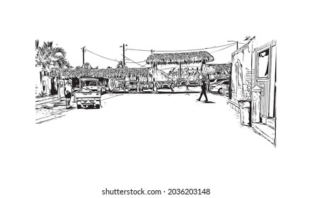 Building view with landmark of Key Largo is the 
Census place in Florida. Hand drawn sketch illustration in vector.