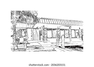 Building view with landmark of Key Largo is the 
Census place in Florida. Hand drawn sketch illustration in vector.