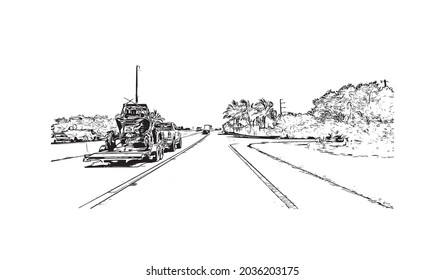 La vista de construcción con el punto de referencia de Key Largo es la 
Censo en Florida. Dibujo a mano de ilustración de esbozo en vector.