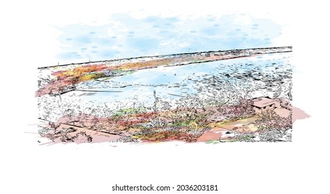 Building view with landmark of Key Largo is the 
Census place in Florida. Watercolor splash with hand drawn sketch illustration in vector.