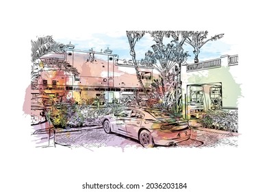 Building view with landmark of Key Largo is the 
Census place in Florida. Watercolor splash with hand drawn sketch illustration in vector.