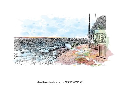Building view with landmark of Key Largo is the 
Census place in Florida. Watercolor splash with hand drawn sketch illustration in vector.