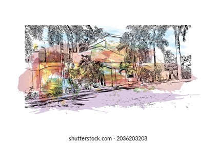La vista de construcción con el punto de referencia de Key Largo es la 
Censo en Florida. Salto de color de agua con ilustración de esbozo dibujada a mano en vector.