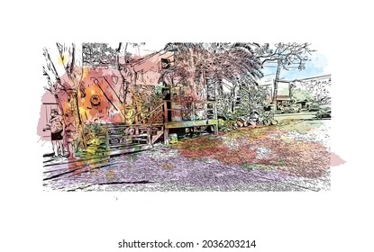 Building view with landmark of Key Largo is the 
Census place in Florida. Watercolor splash with hand drawn sketch illustration in vector.