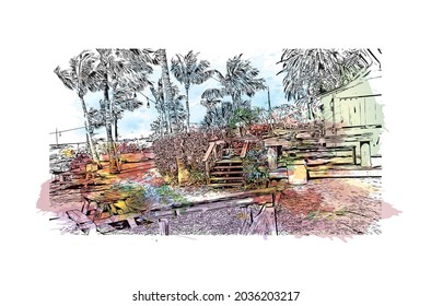 Building view with landmark of Key Largo is the 
Census place in Florida. Watercolor splash with hand drawn sketch illustration in vector.