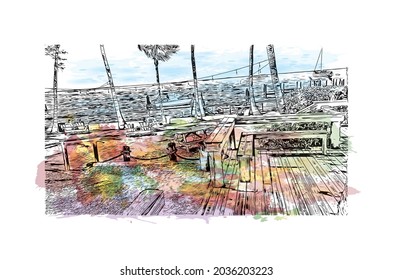 Building view with landmark of Key Largo is the 
Census place in Florida. Watercolor splash with hand drawn sketch illustration in vector.