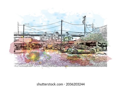 La vista de construcción con el punto de referencia de Key Largo es la 
Censo en Florida. Salto de color de agua con ilustración de esbozo dibujada a mano en vector.