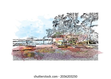 Building view with landmark of Key Largo is the 
Census place in Florida. Watercolor splash with hand drawn sketch illustration in vector.