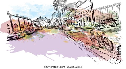 Building view with landmark of Key West is the 
city in Florida. Watercolor splash with hand drawn sketch illustration in vector.