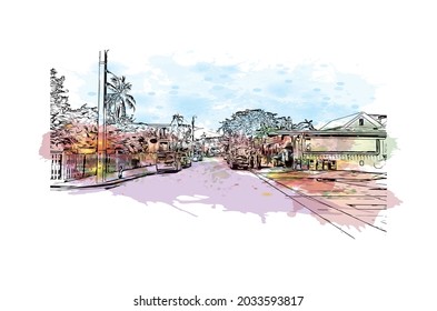 Building view with landmark of Key West is the 
city in Florida. Watercolor splash with hand drawn sketch illustration in vector.