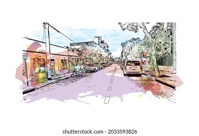 Building view with landmark of Key West is the 
city in Florida. Watercolor splash with hand drawn sketch illustration in vector.